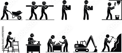 Construction worker silhouettes set, industrial labor icons collection, builder tools, mining, painting, excavation equipment vector illustration isolated work profession pack