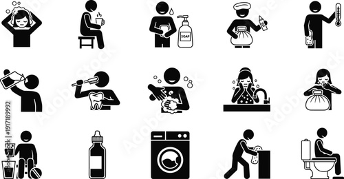 Daily hygiene icons, personal care symbols, health routine illustrations, wellness pictograms, cleaning activities graphics, medical tools silhouettes, lifestyle vector set