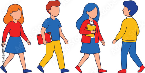 Group of diverse students walking together carrying books, college education concept, flat minimalist university teenagers students characters isolated