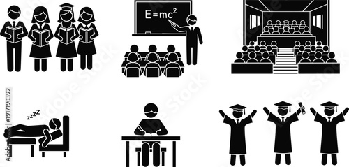 Education and graduation icon set, classroom lecture student study silhouettes vector illustration isolated academic learning university concept design pack