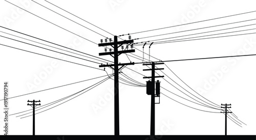 Silhouette of Electric Utility Poles and Overhead Power Lines with Transformer Against Clear Sky Background, Urban Infrastructure and Electricity Distribution Network Concept