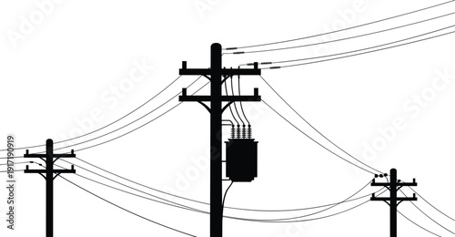 Silhouette of Electric Utility Poles with Power Lines and Transformer Against Clear Sky Representing Energy Infrastructure, Electricity Transmission and Urban Industrial Grid System