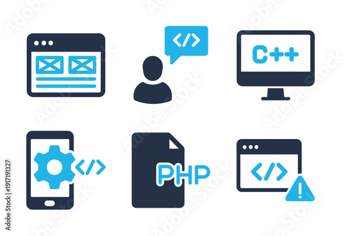 Programming Languages and Error Handling icon set. Solid glyph series icons