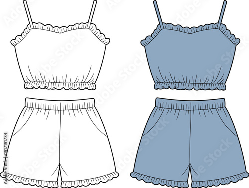 Women summer pajama set vector illustration with ruffle crop top and shorts, front and back view loungewear sleepwear outfit technical fashion sketch design template