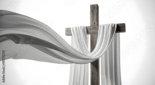 Jesus Easter. A wooden cross adorned with a flowing white cloth against a clean background