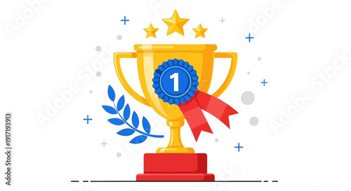 A golden trophy with a red ribbon and blue laurel on a white background is viewed from the front