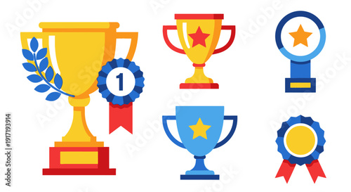 Collection of award icons featuring trophies and medals symbolizing achievement and victory in various competitive events