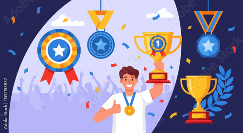 Man celebrating success with trophies and medals in a vibrant, festive atmosphere, viewed from a slightly elevated angle.