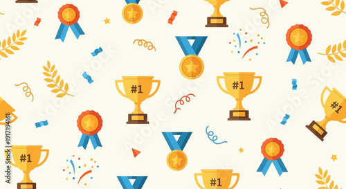 A celebratory pattern featuring trophies, medals, and confetti in a festive arrangement