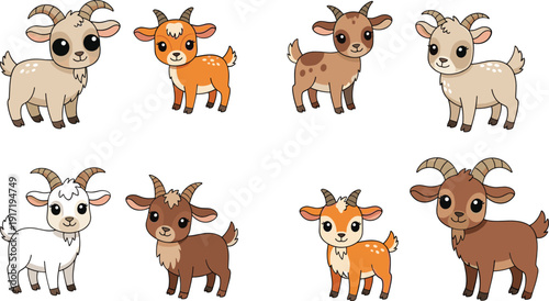 Cute baby goat character collection in different colors and poses isolated on white background for kids illustration designs
