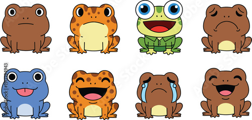 Cute frog character collection with different facial expressions and emotions isolated on white background for kids designs