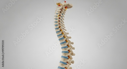 Detailed 3D Illustration of a Human Spinal Column Anatomical Model with Vertebrae, Discs and Nerves, Symbolizing Health, Orthopedic Support and Medical Science on a Neutral Grey Background