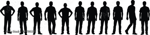 Set of black silhouettes showing eleven diverse men standing in various poses isolated on white background for community and teamwork