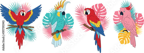 Colorful tropical parrot illustration set with exotic birds and palm leaves, ideal for rainforest design, nature themes, wildlife art, and educational content.