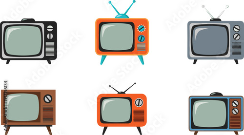 Retro Television Set Collection Vintage TV Icons with Antenna Vector Illustration Isolated on White