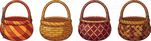 Woven basket collection with different patterns and colors isolated on white background for storage and decorative use
