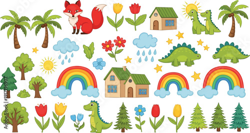 Cute Cartoon Nature and Wildlife Set Featuring Red Fox, Dinosaurs, Houses, Rainbows, Rain Clouds, Pine Trees, Palm Trees, and Colorful Spring Flowers for Kids Illustration
