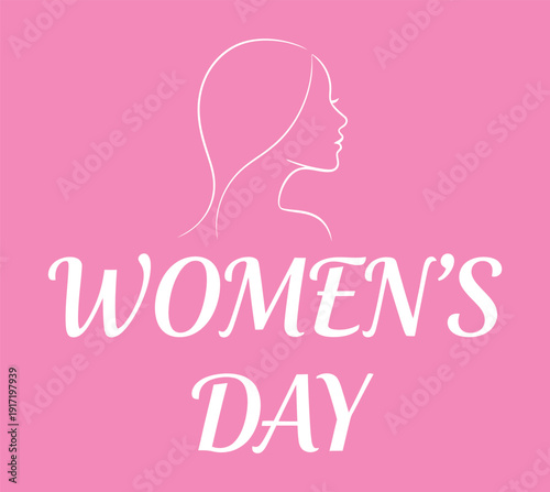 Elegant white line art silhouette of a female side profile with hair bun on a pink background for International Womens Day and beauty industry advertising banner design for female empowerment
