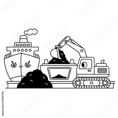 Heavy machinery loading coal onto a cargo ship, industrial scene.