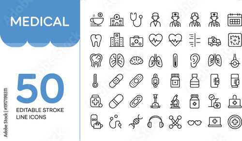50 Black Line Medical on White Background medical healthcare symbols