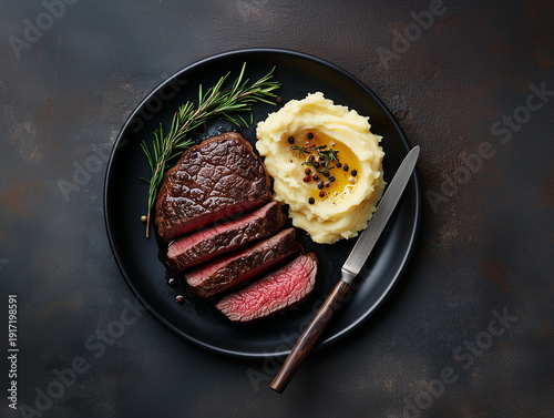 Top view of Medium rare beef steak sliced with rosemary on top and small quantity mashed potatoes in black plate on table.