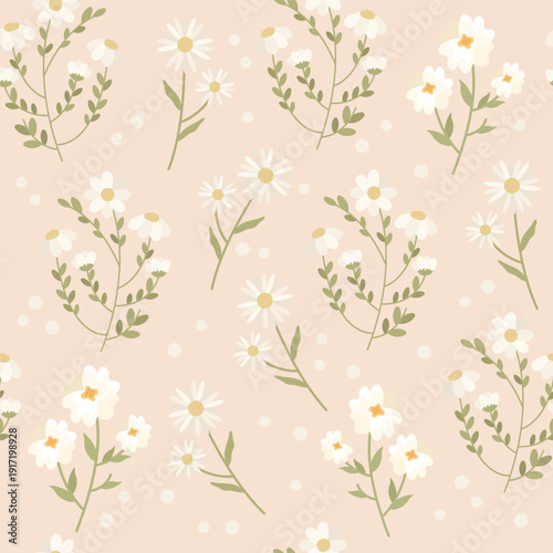 Soft Daisy Floral Seamless Pattern with Neutral Beige Background