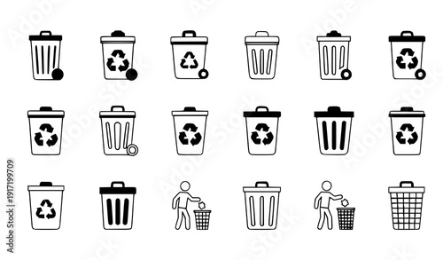 SEO Title
Recycle and trash bin icons set with human throwing waste vector illustration isolated on white background