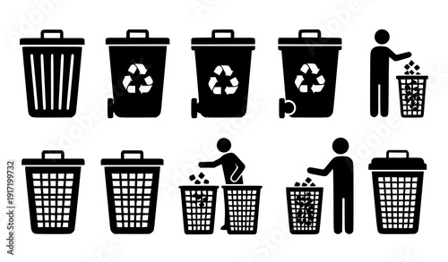 SEO Title
Flat recycle pictogram icons set with trash bins and human waste disposal signs vector