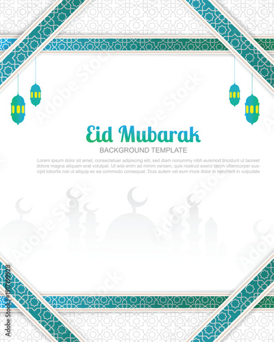 Eid Mubarak background template with luxury islamic geometric pattern border and mosque silhouette in soft white and teal colors. perfect for banner, poster and social media ramadan mubarak