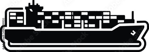 Black and white illustration of a cargo ship loaded with containers, symbolizing global trade and logistics