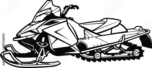 A dynamic black and white illustration of a snowmobile, showcasing its powerful design for winter adventures and exploration