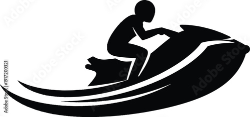Silhouette of a person riding a jet ski with dynamic water splashes
