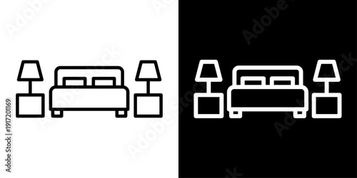 Modern bedroom icon in outline style featuring bed with side lamps. Clean minimal symbol for interior design, furniture, home decor and UI applications.