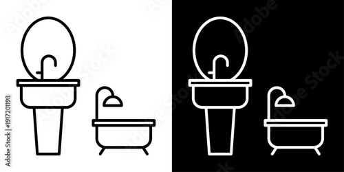 Bathroom icon in outline style featuring sink and bathtub. Ideal for home interior, real estate floor plans, hotel amenities and UI design.