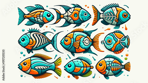 Seamless vector illustration of a cute abstract goldfish swimming in a tropical underwater sea set featuring artistic marine life and nature design elements