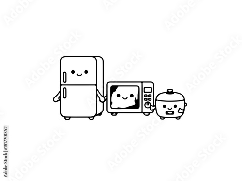 Cute Kawaii Kitchen Appliances Character Set: Refrigerator, Microwave, and Rice Cooker Illustration.