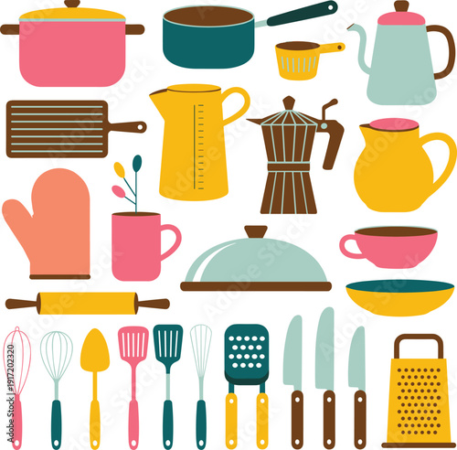 Colorful kitchen utensils and appliances cooking tools