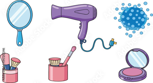 Beauty and makeup tools collection with mirror hairdryer brushes powder cosmetic vector illustration isolated set