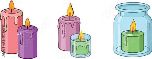 Cartoon burning candles collection with glass jar decorative wax lights vector illustration isolated set