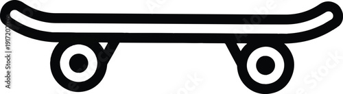 Skateboard viewed from the side with wheels and deck visible in a simple graphic representation