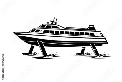 Side profile view of a hydrofoil boat showing raised hull above waterline