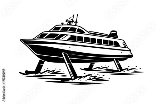 Solid black and white vector illustration of a hydrofoil boat
