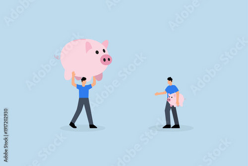 income comparison, Businessman holds a small piggy bank while gazing at a larger pension fund