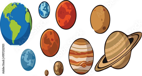 Cartoon solar system planets collection including earth and saturn vector illustration astronomy education design set
