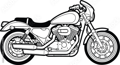 Detailed illustration of a motorcycle viewed from the side showcasing its engine and design elements in a technical drawing style