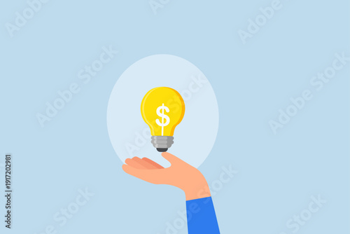 Enlighten money idea, Businessman tightly grasps a glowing dollar bill representing bright idea