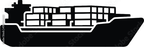 Cargo ship carrying containers at sea viewed from the side with detailed illustration