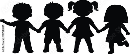 Children silhouette holding hands vector illustration kids friendship teamwork concept isolated black shadow set