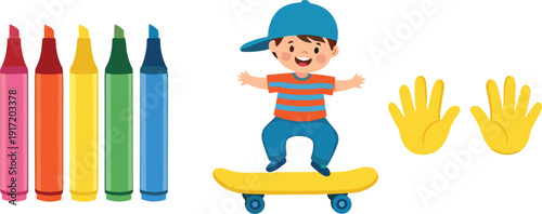 Cute Boy Skateboarding with Colorful Crayons and Handprints Cartoon Kids Activity Vector Illustration Set