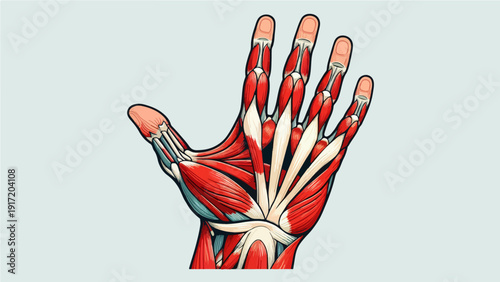 Anatomical illustration of the muscles in the hand, specifically the palm